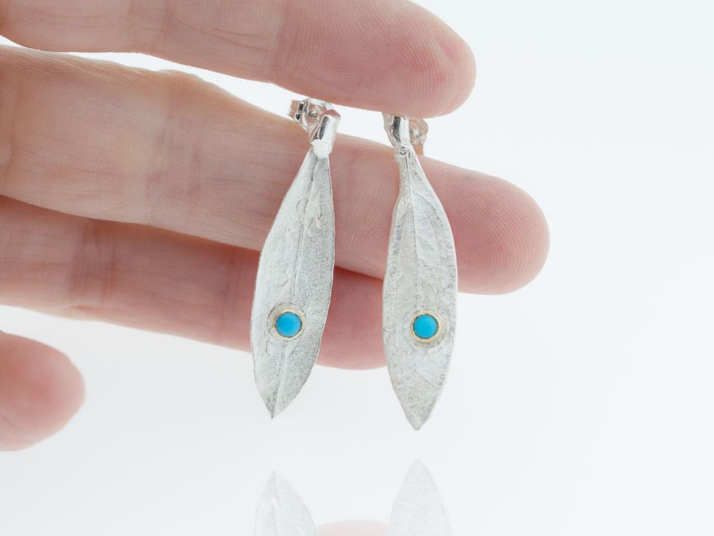 OLIVE LEAVES | Silver earrings with a Turquoise in a Gold bezel