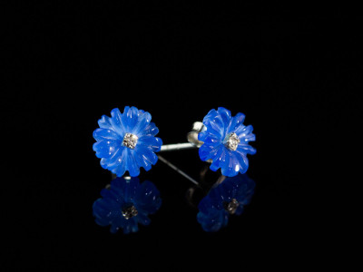 Blue Agate Cornflower | Sterling Silver ear studs with Zircon CZ hand carved (sold out)