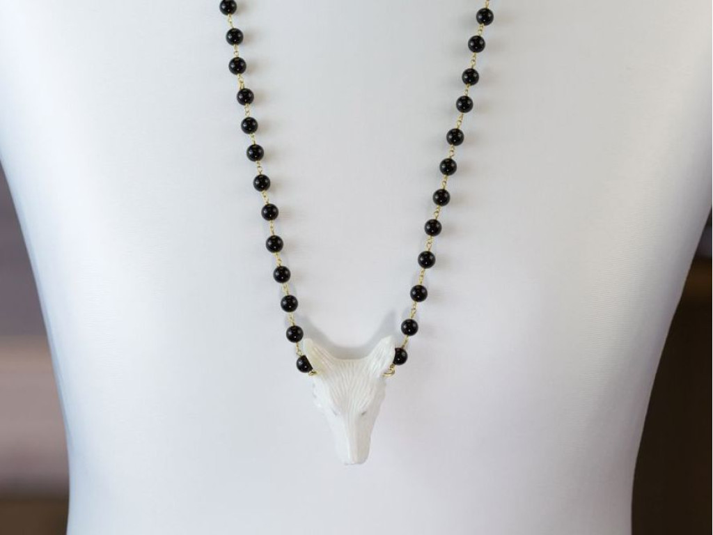 Wolf Whisperer | Black Onyx Gold necklace with handcarved solid white Agate Wolf's head pendant (sold out)