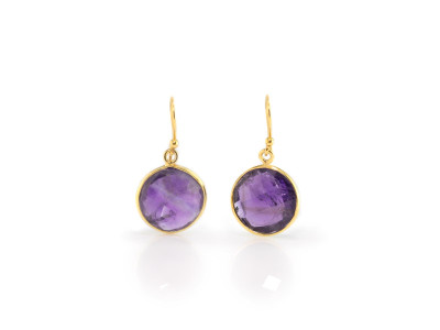 Dangly Amethyst Gold earrings with round faceted discs (sold out)
