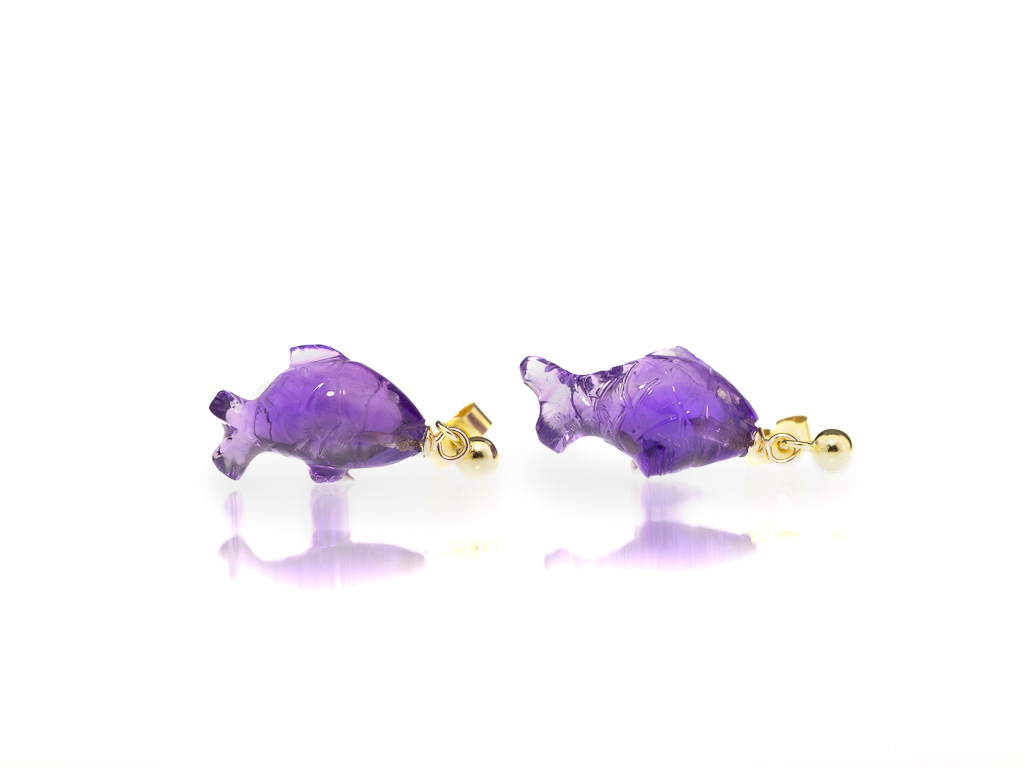 AMETHYST FISH | Handcarved 9ct Gold earrings (made to order)