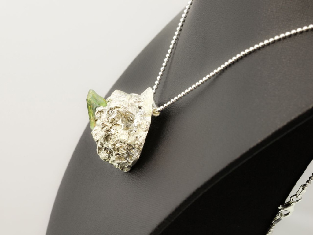 Necklace with an Aquamarine cluster in a crystal matrix pendant cast in Sterling Silver