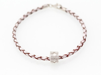 Charm bracelet braided white brown Sterling Silver clasp with ancient pattern silver charm (ausverkauft)