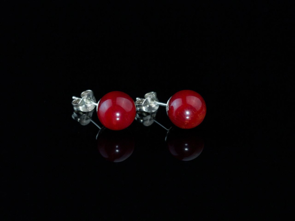 Coral Vermelho | Deep Red Precious Coral sphere ear studs set in Sterling Silver (sold out)