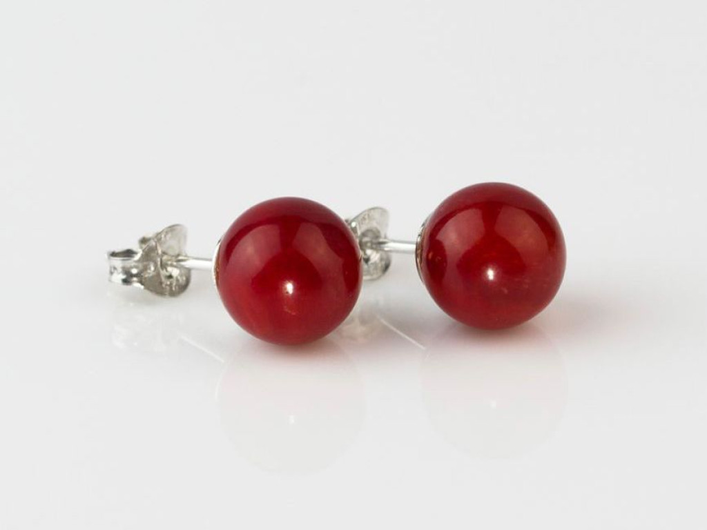 Coral Vermelho | Deep Red Precious Coral sphere ear studs set in Sterling Silver (sold out)