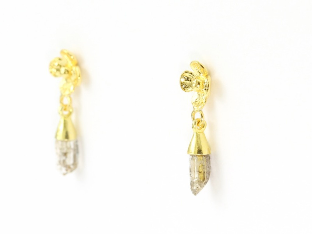 3 D Herkimer Diamond Quartz gold earrings (sold out)