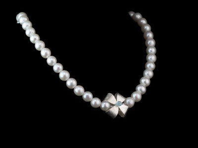 RIBBON CROSS PEARL NECKLACE | with Topaz on Silver Bow (sold)