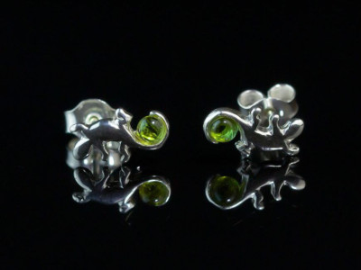 Lizard holding green sphere | Peridot ear studs wax carved Sterling Silver (Sold out)