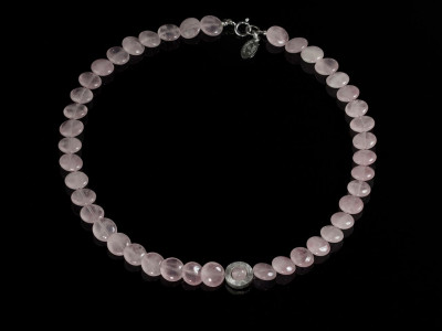 ROSE DISCS | Rose Quartz necklace polished discs with brushed Sterling Silver round centre piece and clasp (sold out)