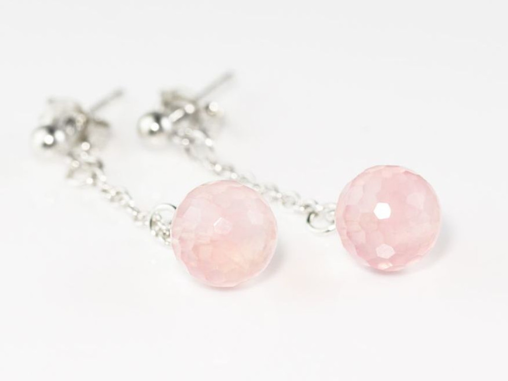 Rose Quartz Orbs | Sterling Silver earrings with faceted Rose Quartz spheres on little chains (Sold Out)