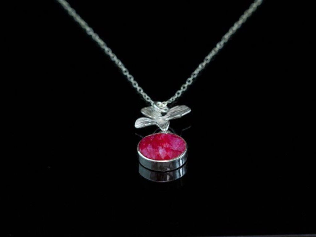 Ruby & an Orchid necklace | Sterling Silver with round red Ruby set in Silver with elaborate Orchid pendant (sold out)