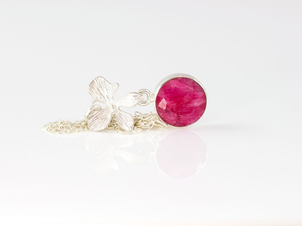 Ruby & an Orchid necklace | Sterling Silver with round red Ruby set in Silver with elaborate Orchid pendant (sold out)