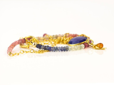 Sapphire All Colours Necklace | Gold necklace with rare shades of Sapphires and a golden leaf with a Padparadscha (sold out)