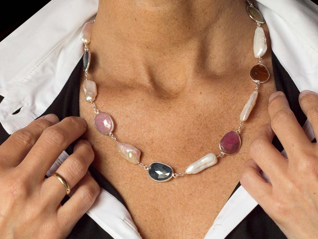 MULTI SAPPHIRE & BIWA PEARLS | Sterling Silver necklace