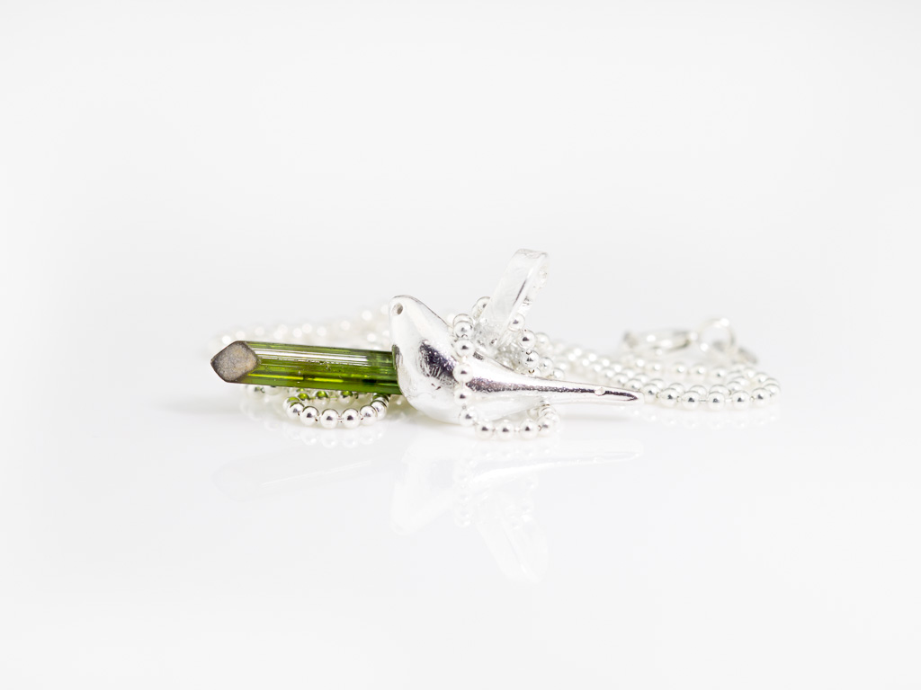 TOURMALINE CRYSTAL WITH PUFFY BIRD | Sterling Silver necklace