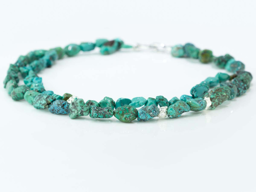Turquoise Double Twist necklace wth Sterling Silver reticulated nuggets