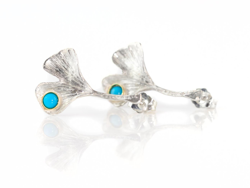 Ginkgo Leaf Earrings | Turquoise on Sterling Silver with brushed finish 9ct Gold bezel (sold out)