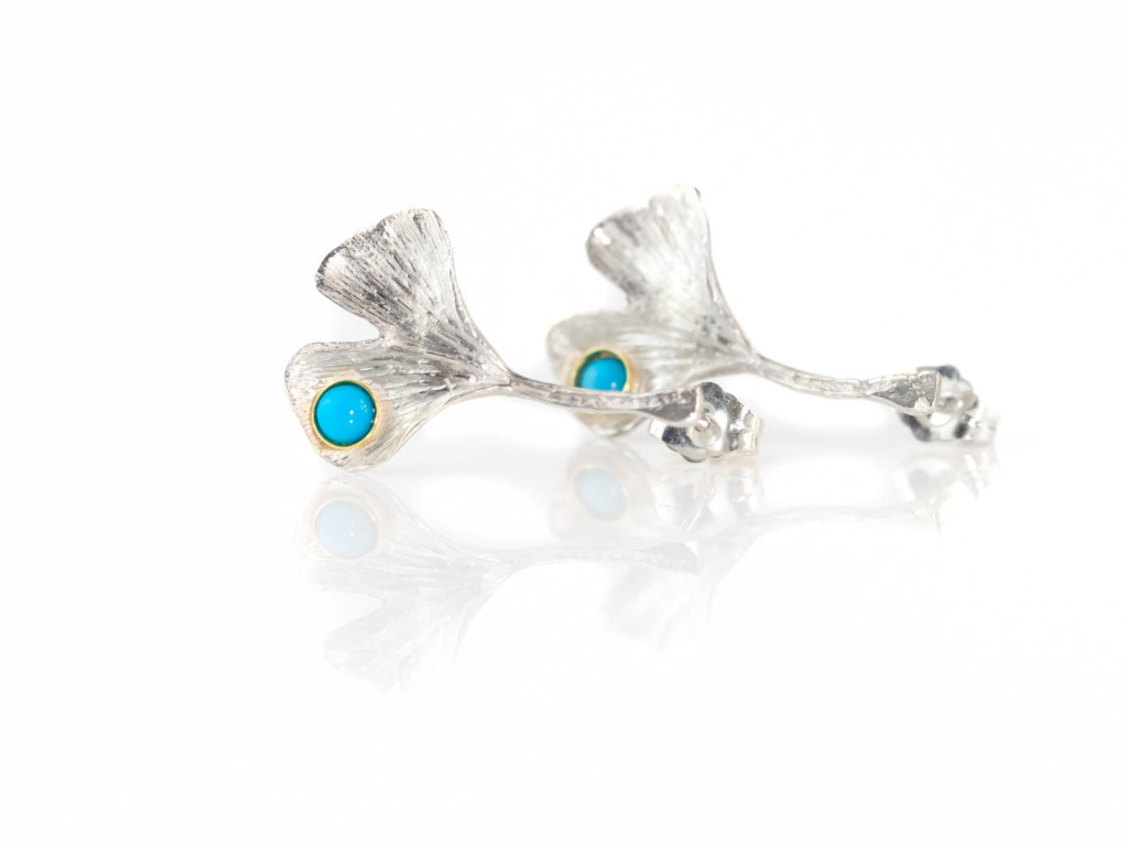 Ginkgo Leaf Earrings | Turquoise on Sterling Silver with brushed finish 9ct Gold bezel (sold out)